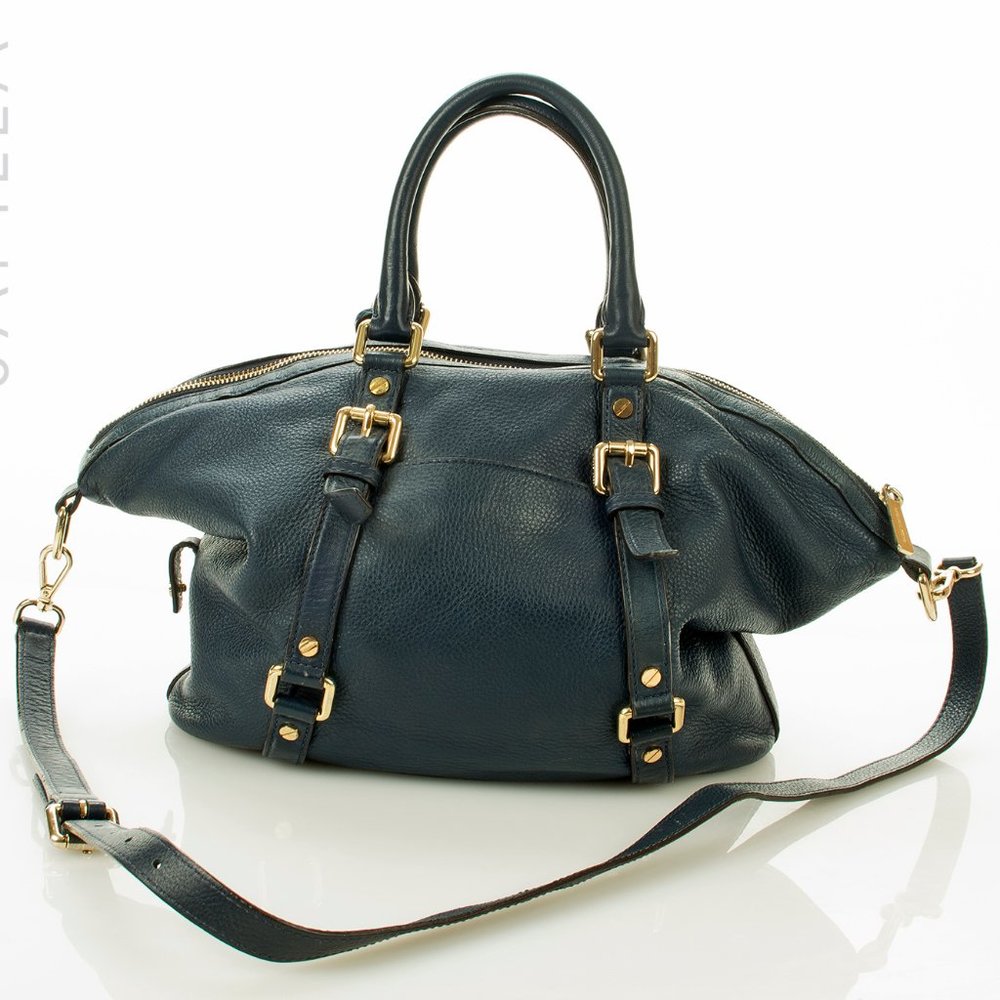 MICHAEL KORS PEBBLED BLUE LEATHER SATCHEL - Picture 4 of 13